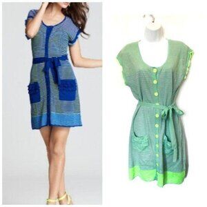 Nanette Lepore Heartbeat Striped Knit Short Sleeve Dress , Size M, blue, green